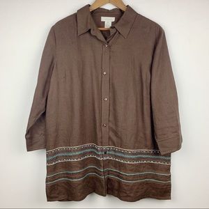 Zariah Shirt 100% Linen Embroidered Beaded 3/4 Sleeve